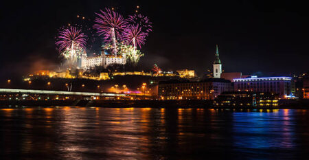New Year Celebration. Fireworks on the Castle in Bratislava, Slovakia.